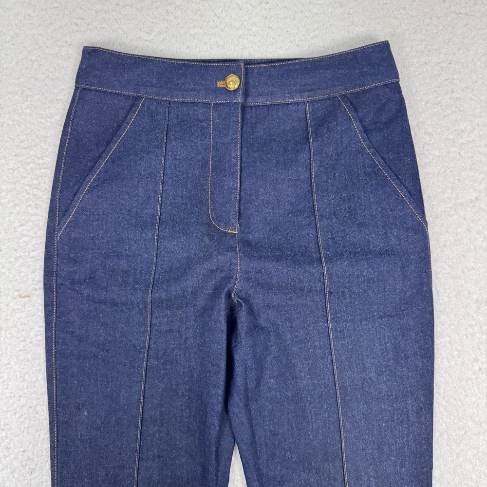 Veronica Beard Jeans Womens 2 High Rise Flare Blue Pintuck Seam Blue Gold Button